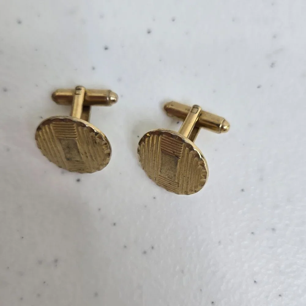 Cufflinks Gold Tone Vintage MCM Geometric Circle Stripe Art Deco Style